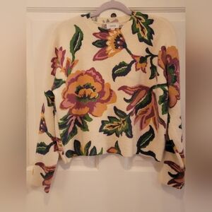 CeCe Floral Crew Neck Sweater - Cream, Purple, Green